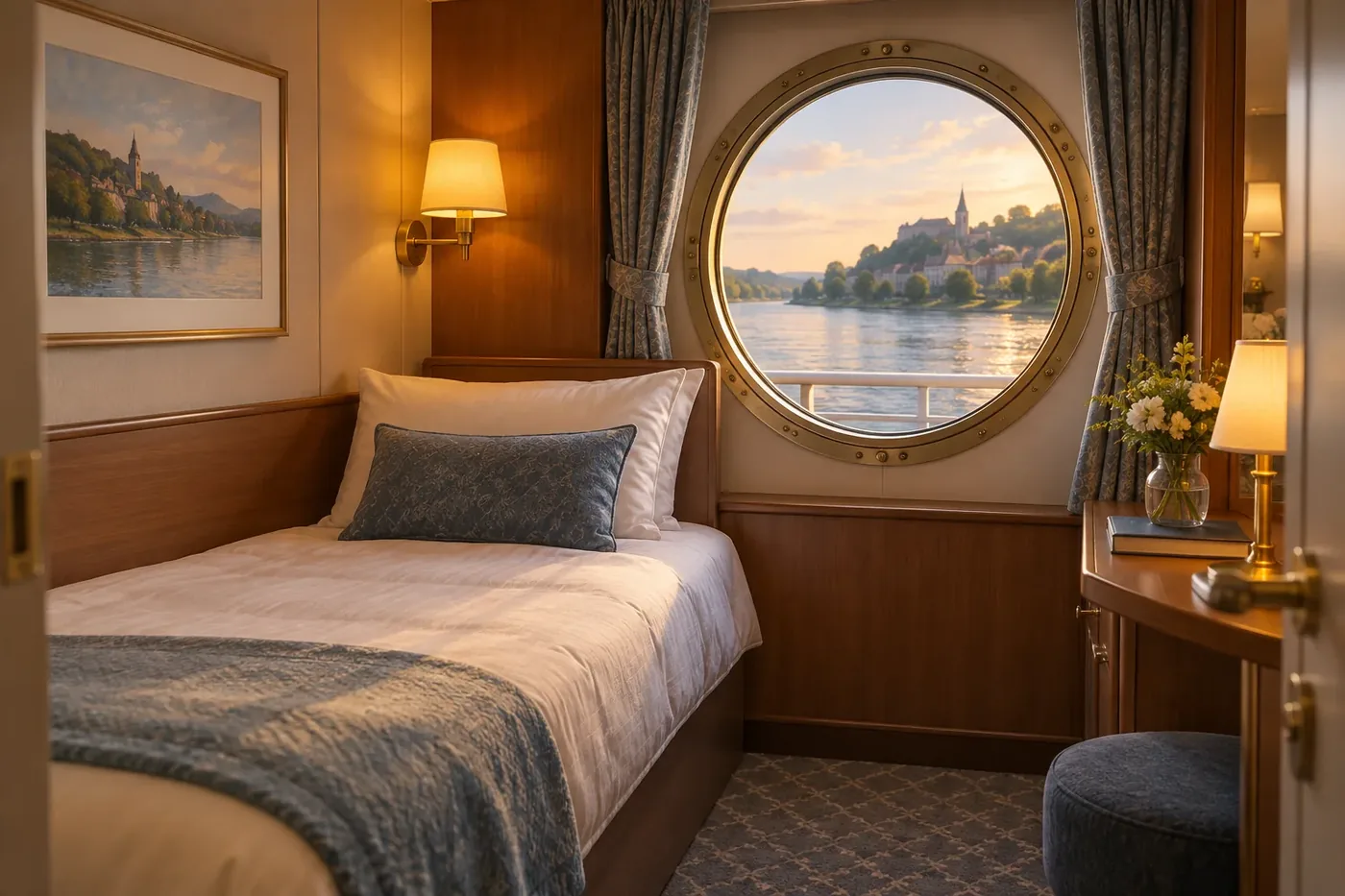 Illustration of a compact single river-cruise cabin interior