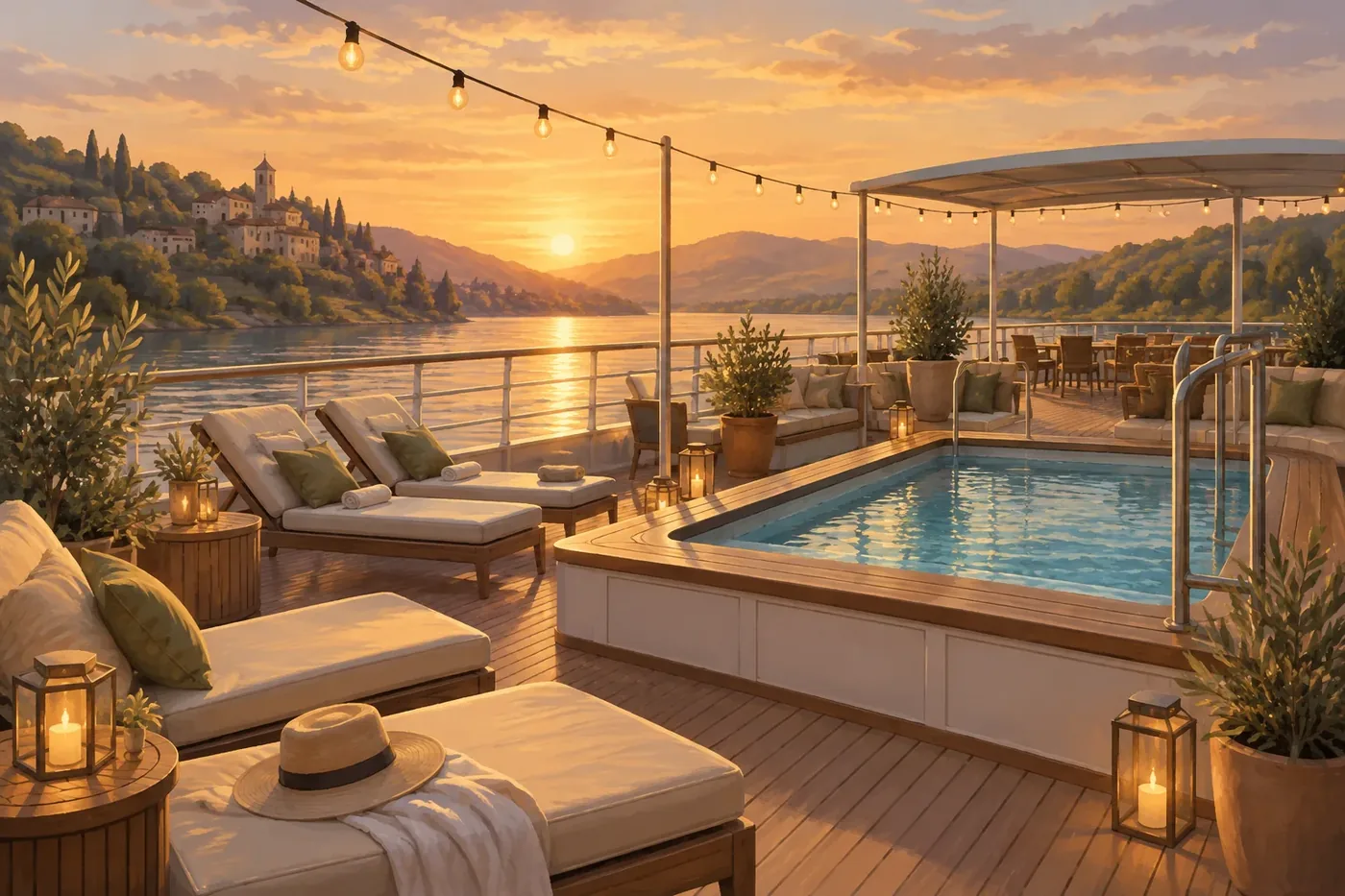 Illustration of a river cruise ship sun deck with loungers and a small pool