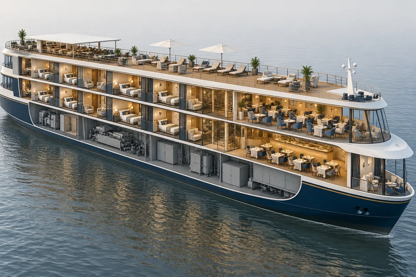 Illustration of river cruise ship deck architecture and railings