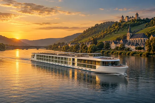 Illustration of a row of river cruise ships moored at a quay