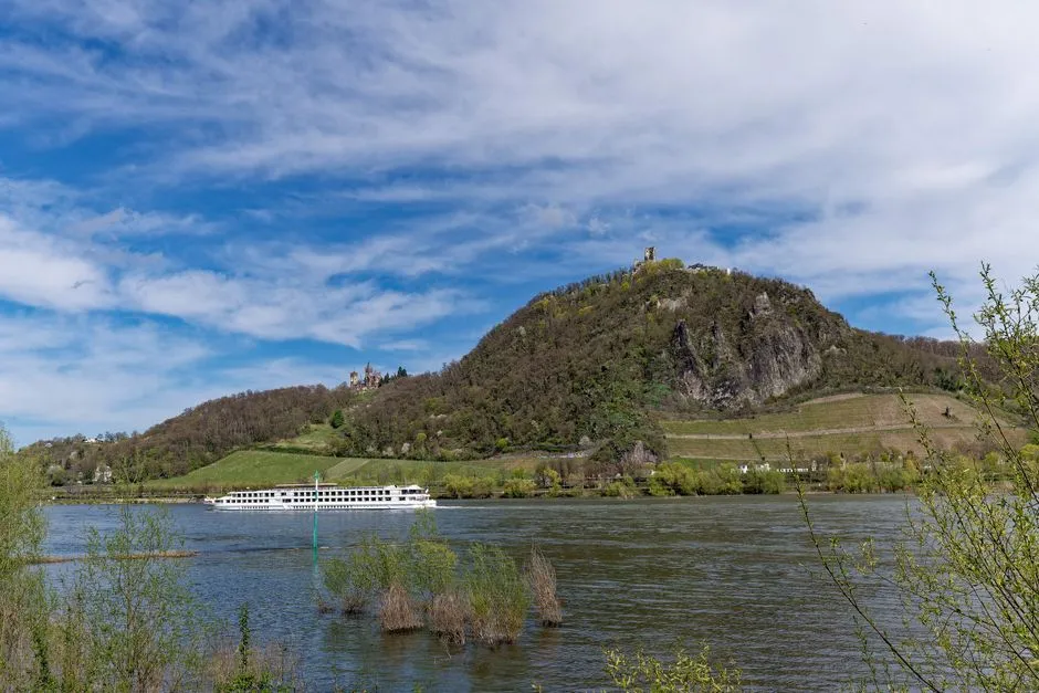 River cruise ship sailing past a hillside castle on the Rhine