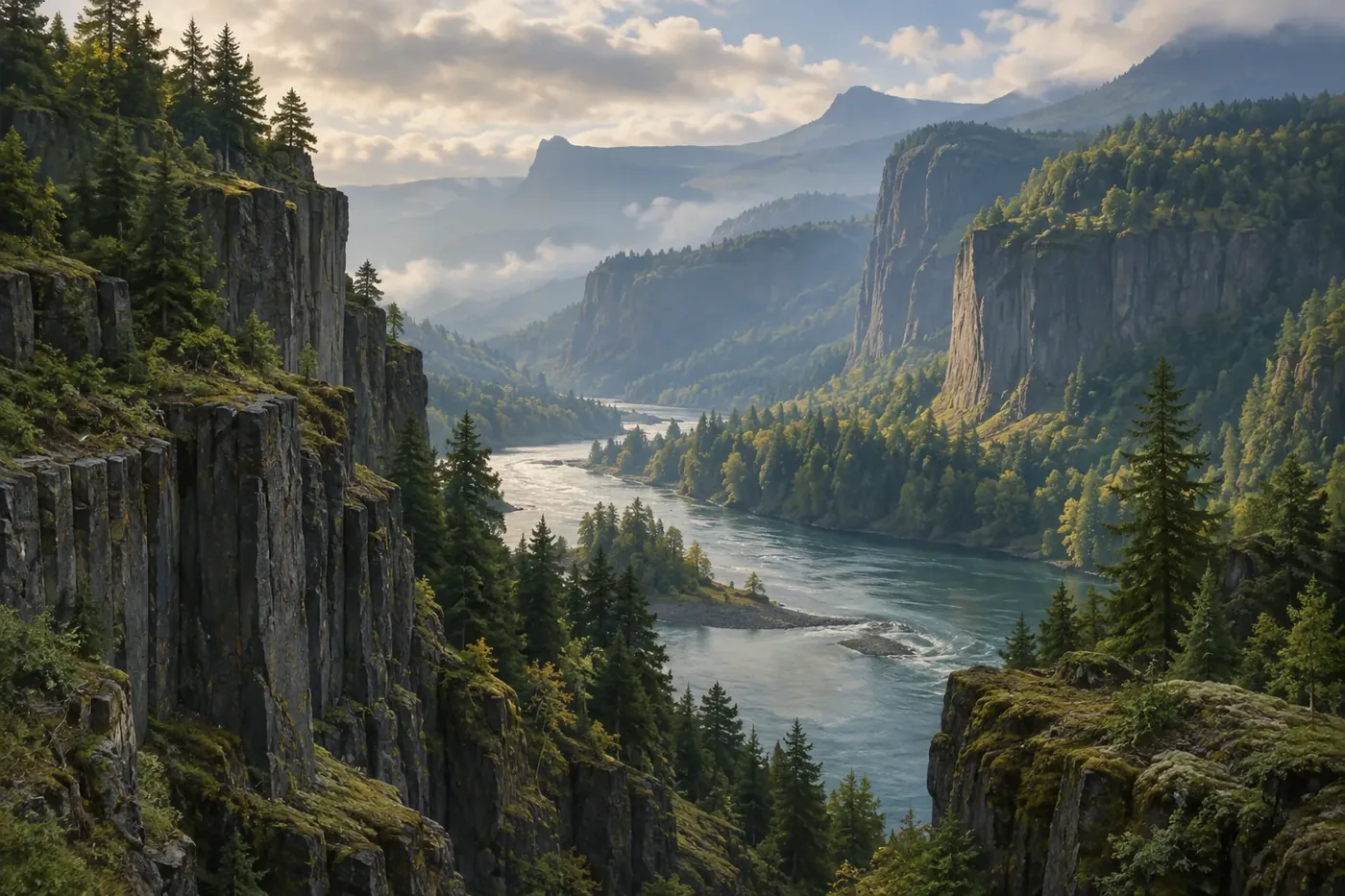 Illustration of a river cruise ship passing forested gorge cliffs