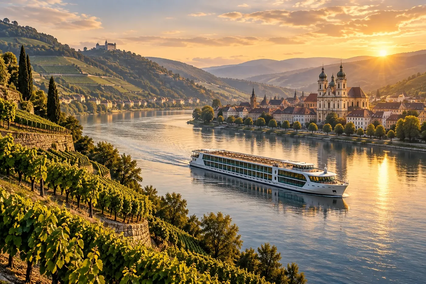 Illustration of a river cruise ship passing a grand riverside city skyline