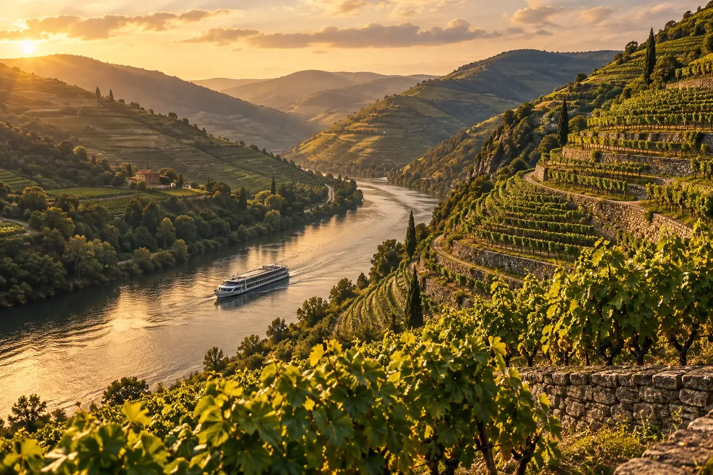 Illustration of a river cruise ship on a terraced wine-valley river