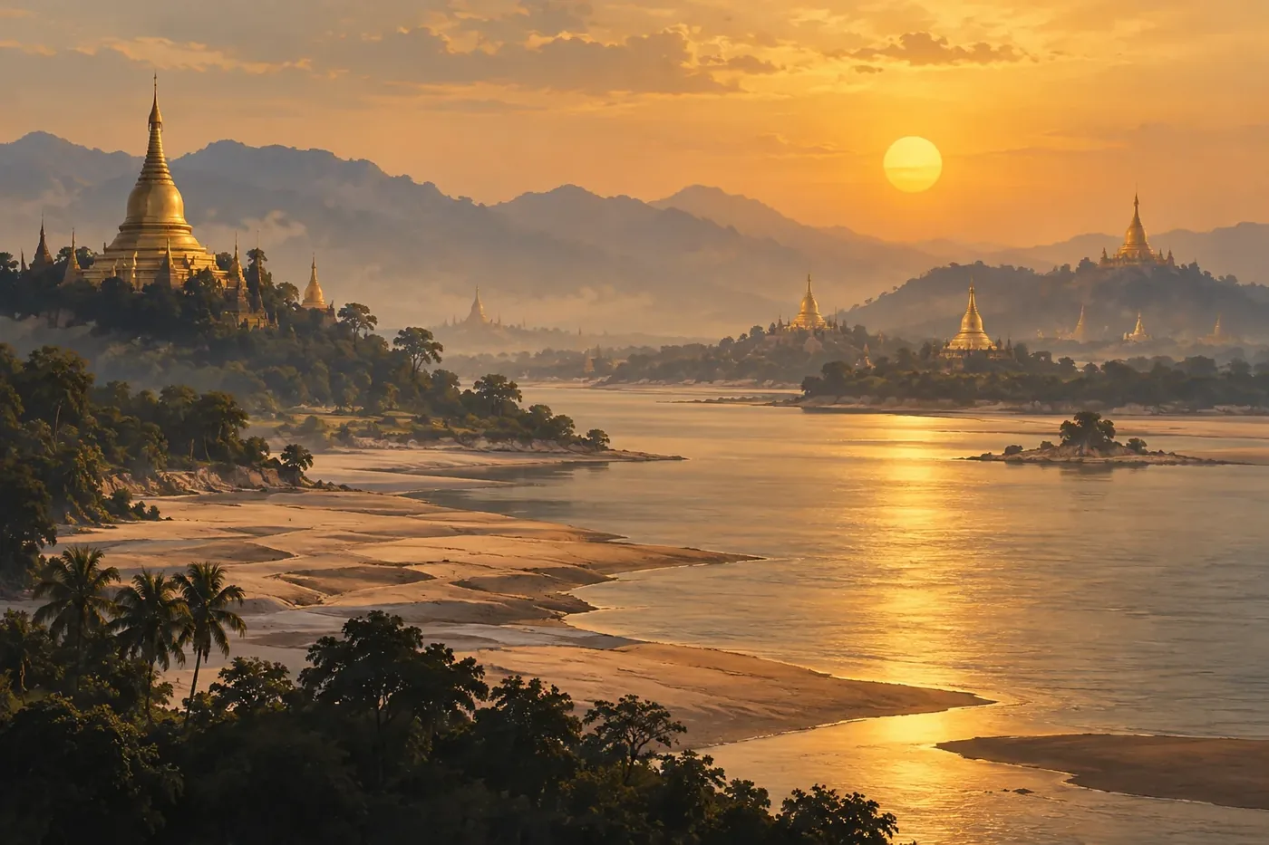 Illustration of a river cruise ship passing golden pagodas on a riverbank