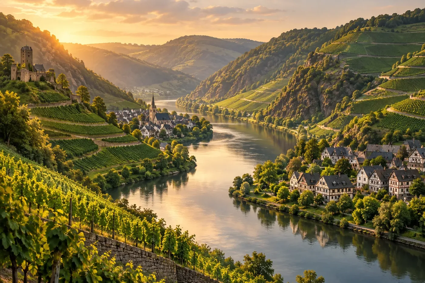 Illustration of a river cruise ship passing steep vineyard-lined river bends