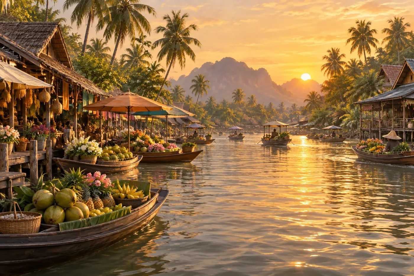 Illustration of a small river cruise ship passing a tropical riverside village