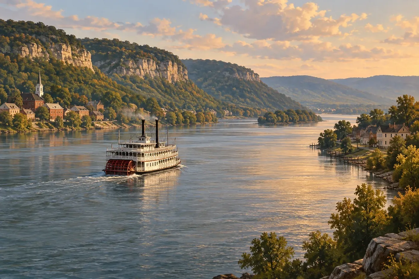 Illustration of a paddle-wheel river cruise ship on a wide American river