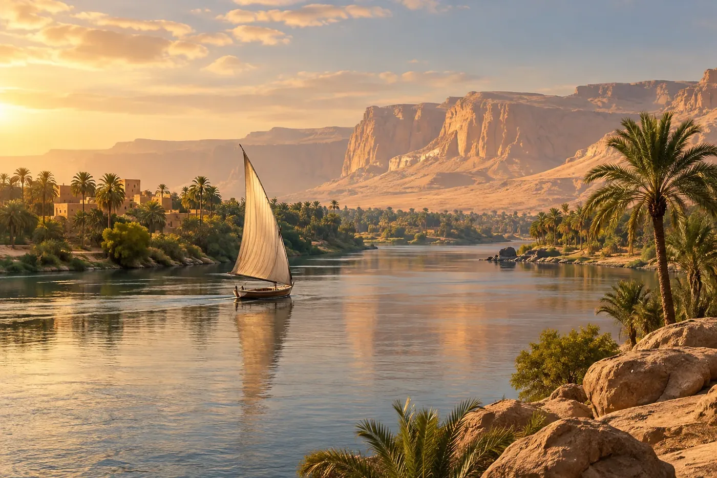 Illustration of a river cruise ship passing desert cliffs and palm trees