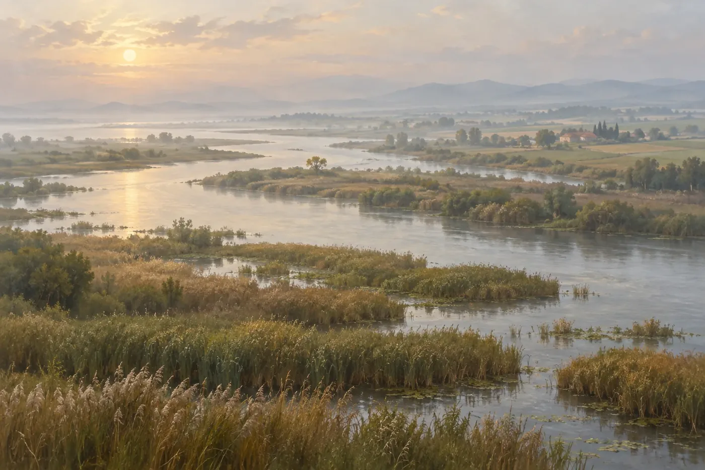 Illustration of a river cruise ship on a flat delta river landscape