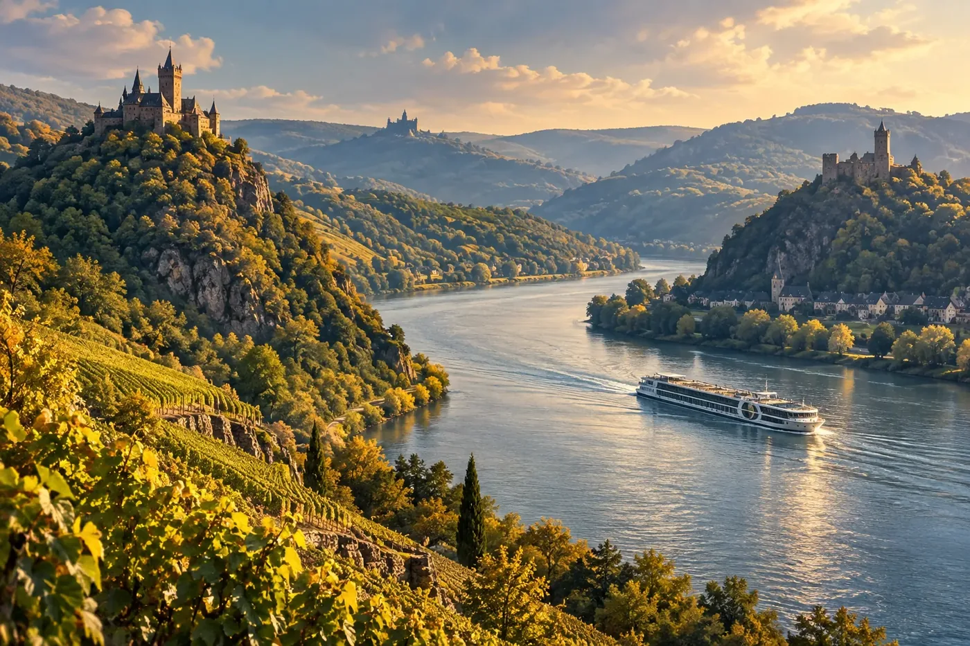 Illustration of a river cruise ship passing riverside castles on a gorge