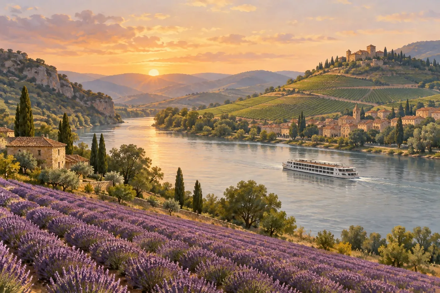 Illustration of a river cruise ship passing sunlit vineyard hills