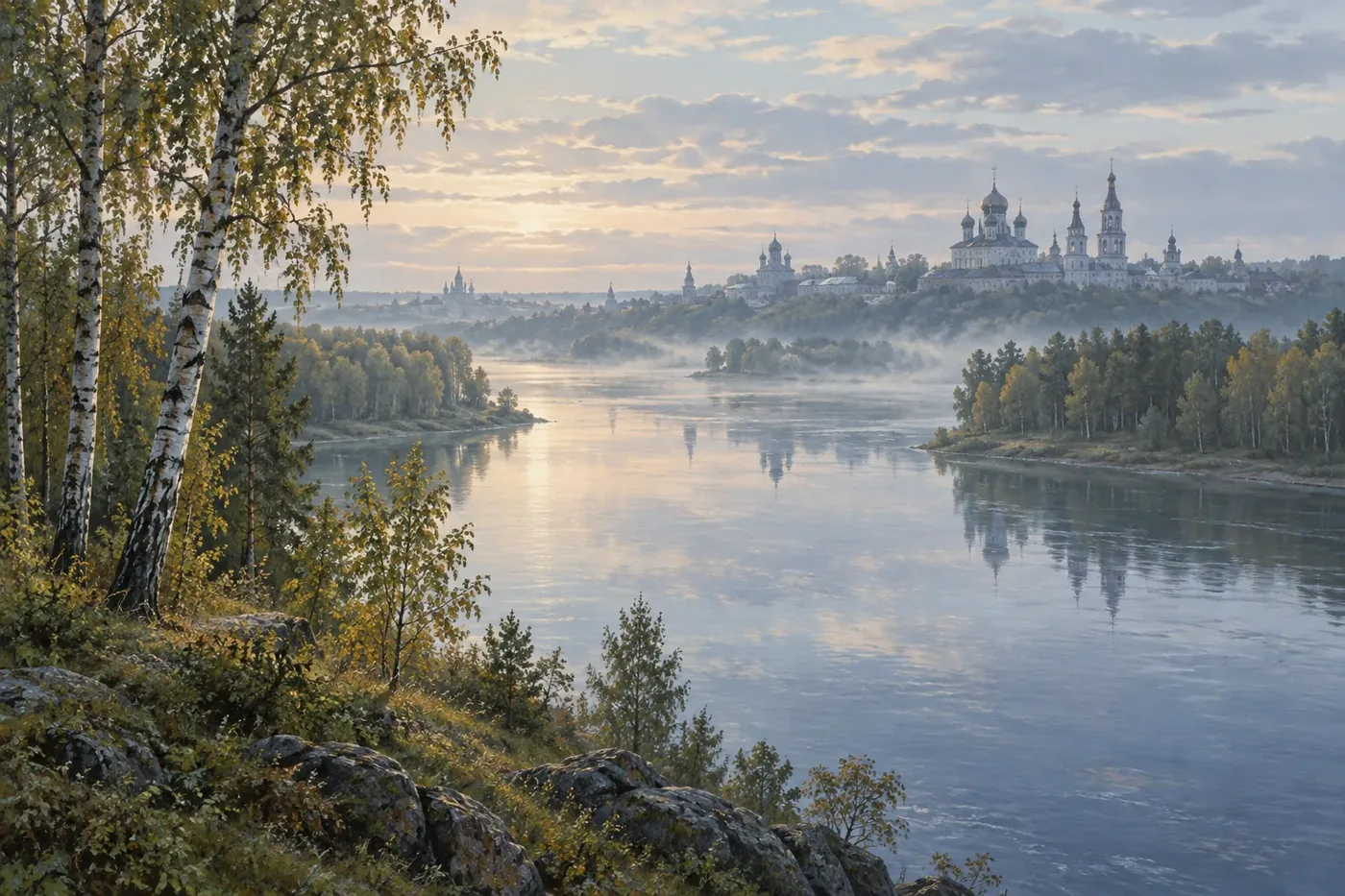 Illustration of a river cruise ship on a broad northern river at dusk
