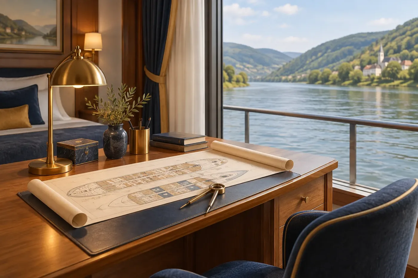 Illustration of a river-cruise cabin interior with the balcony doors open toward the water
